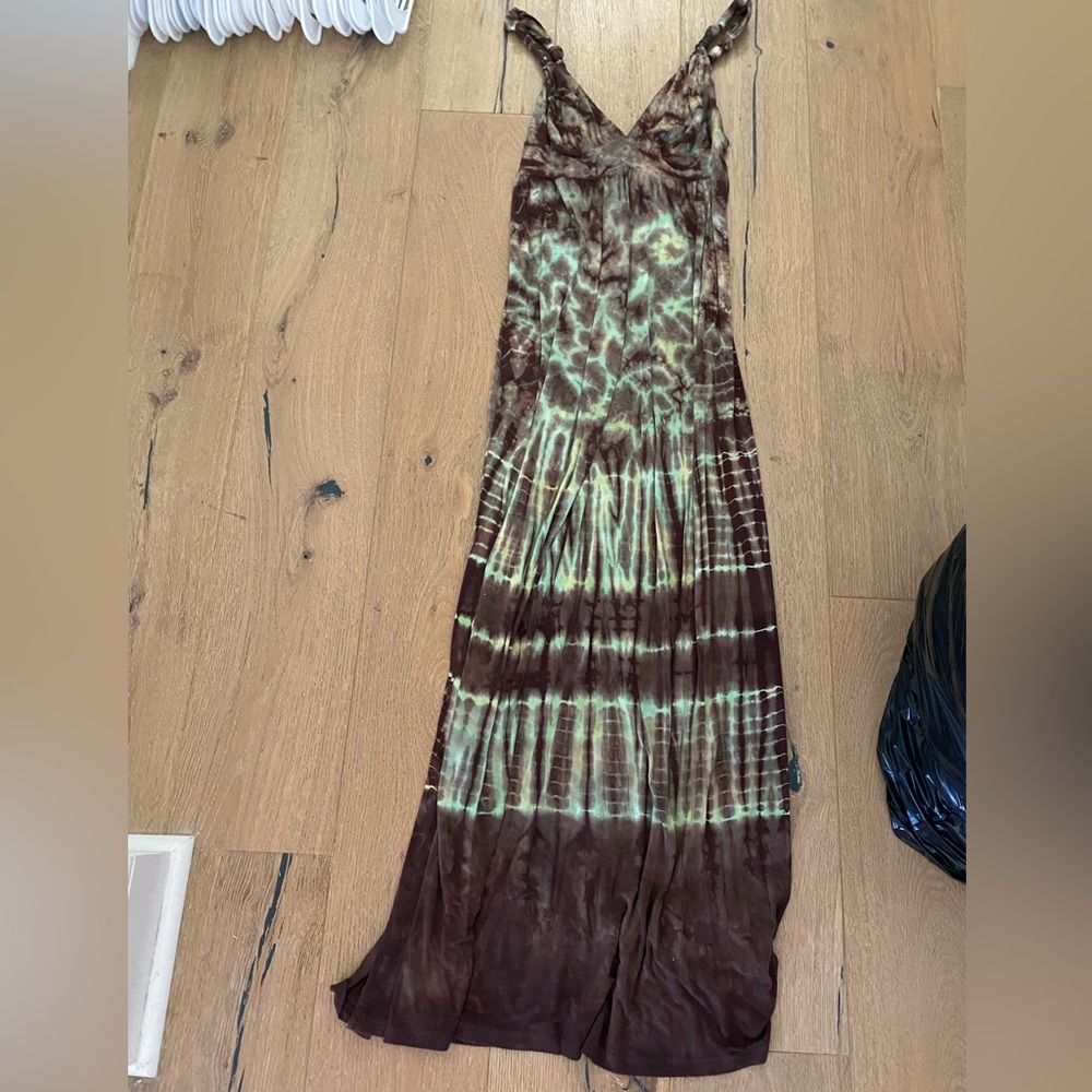 Buffalo David Bitton Brown and Green Pleated Maxi Sundress